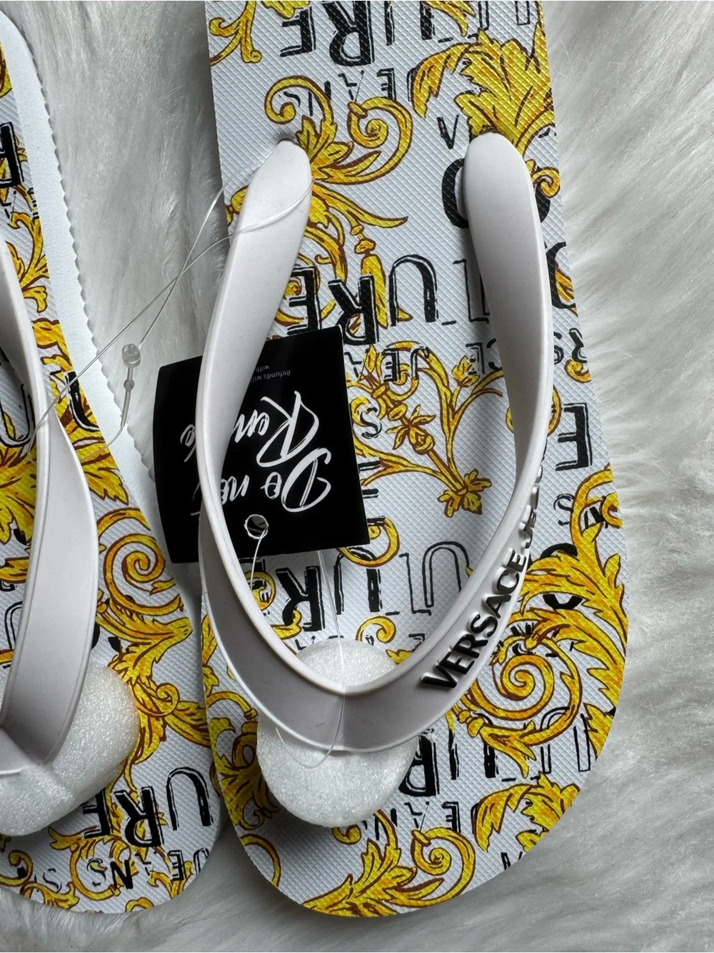 Versace Jeans White & Yellow Baroque Print Flip Sandals